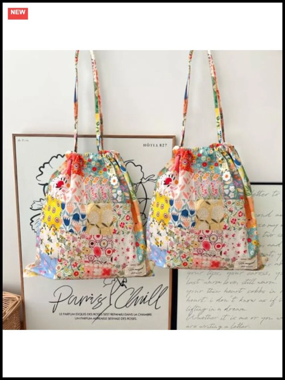 Vintage Floral Drawstring Makeup Bag Toiletry Travel Organizer Cotton Cosmetic